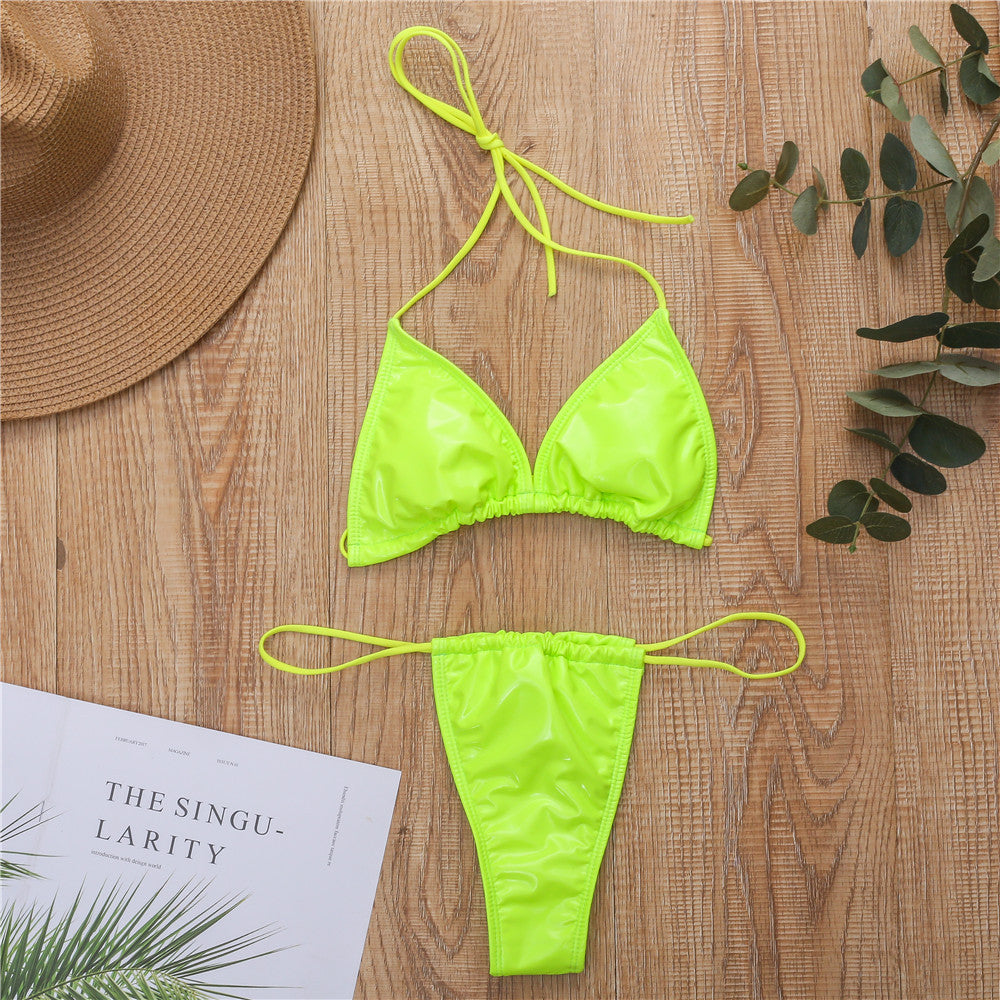 New bright leather fabric solid color triangle cup sexy strap thong bikini swimsuit