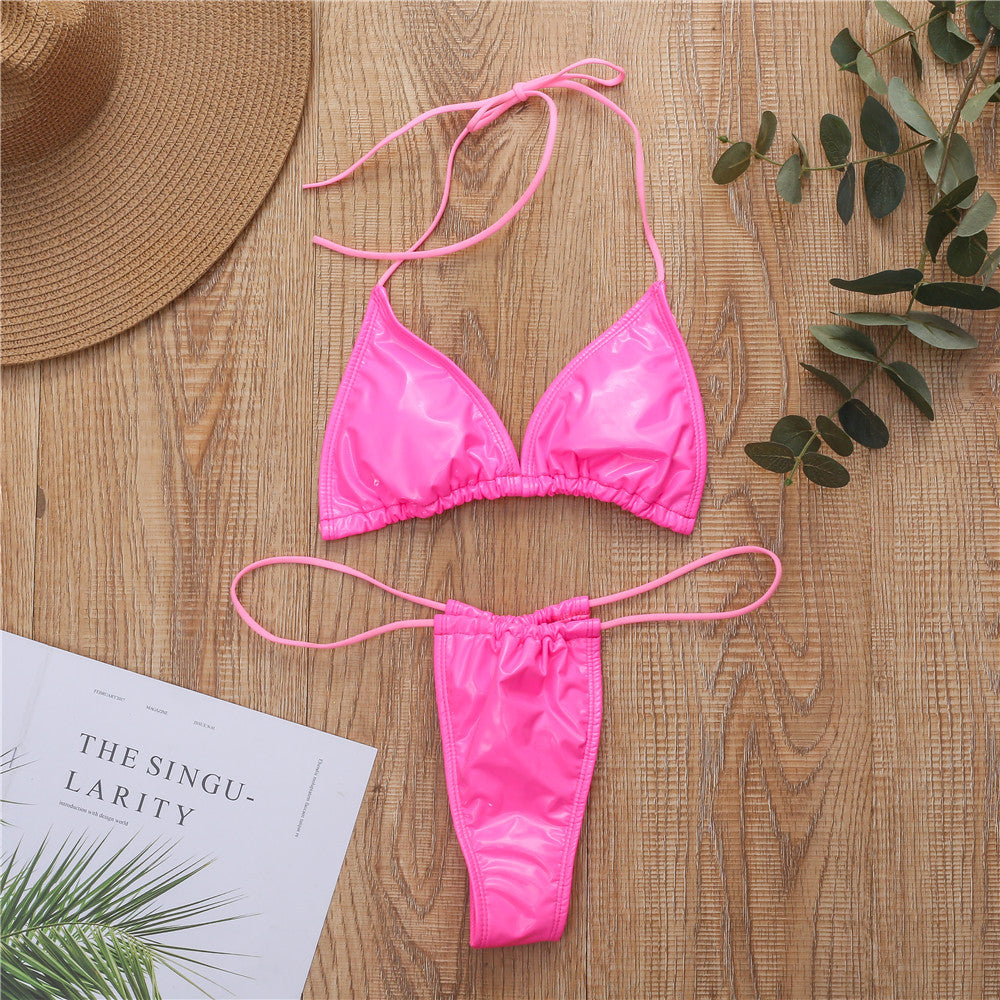 New bright leather fabric solid color triangle cup sexy strap thong bikini swimsuit