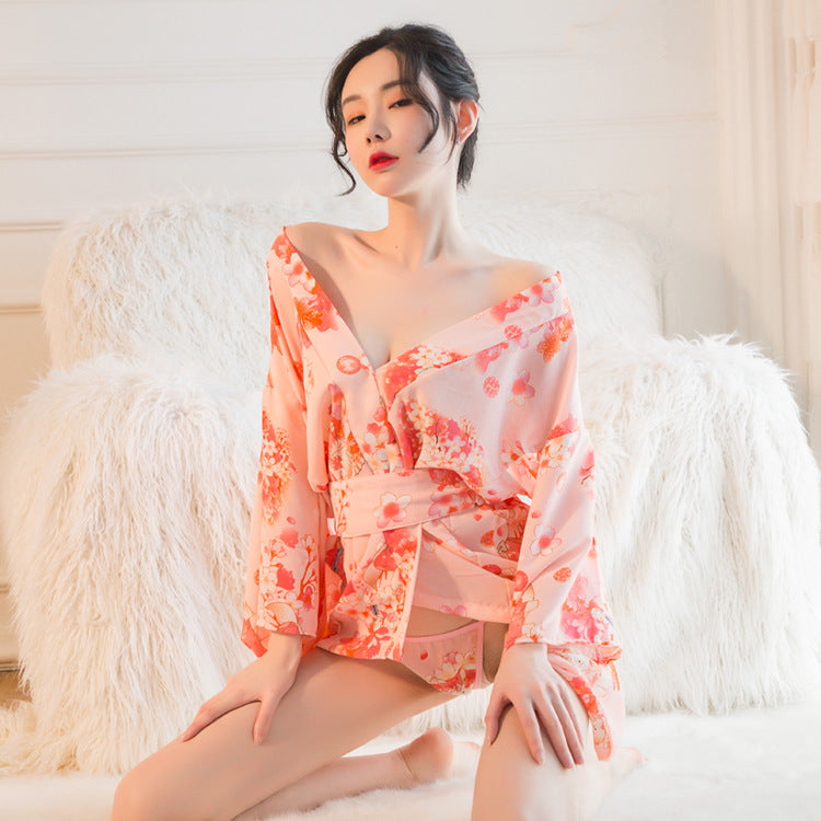 New hot sexy lingerie Sakura cat flower kimono sexy temptation Japanese cute bathrobe open placket pink nightgown