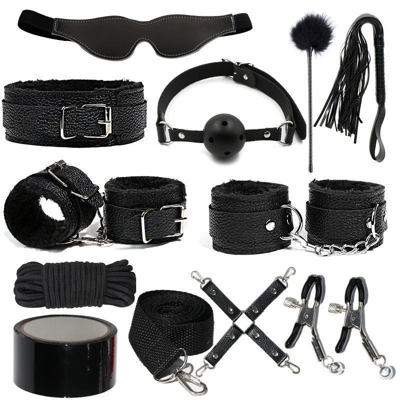 SM Sex Props Leather 10-Piece Set Handcuffs Collars Adult Sex Goods Couple Bundle Bondage Set, Ha