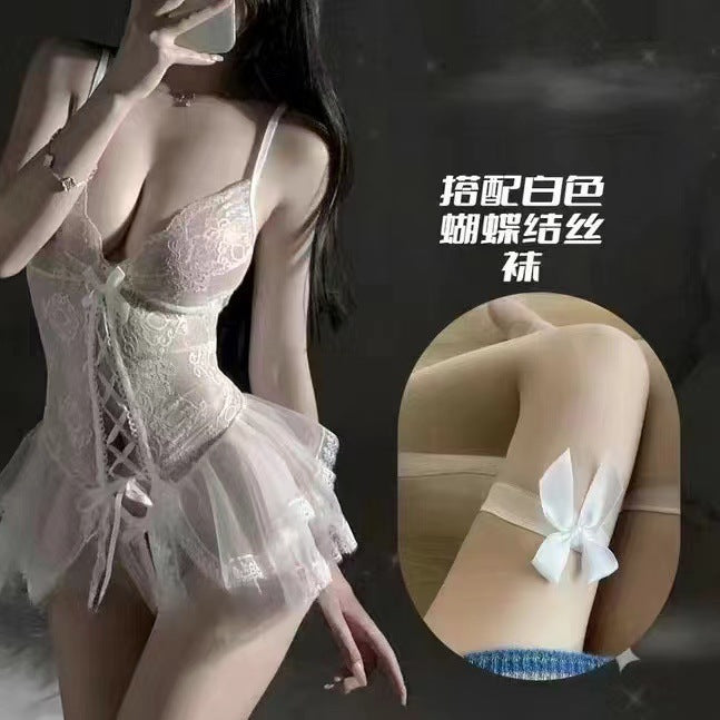 Sexy lingerie sexy suspender lace seduction onesie skirt open crotch hot hollow uniform pajamas mesh nightdress