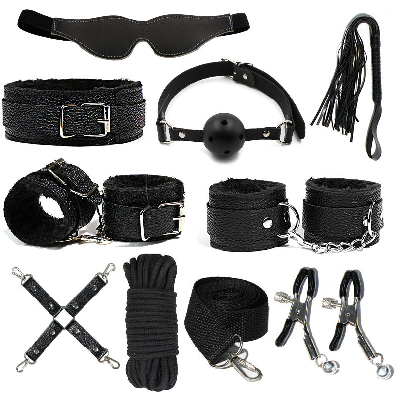 SM Sex Props Leather 10-Piece Set Handcuffs Collars Adult Sex Goods Couple Bundle Bondage Set, Ha