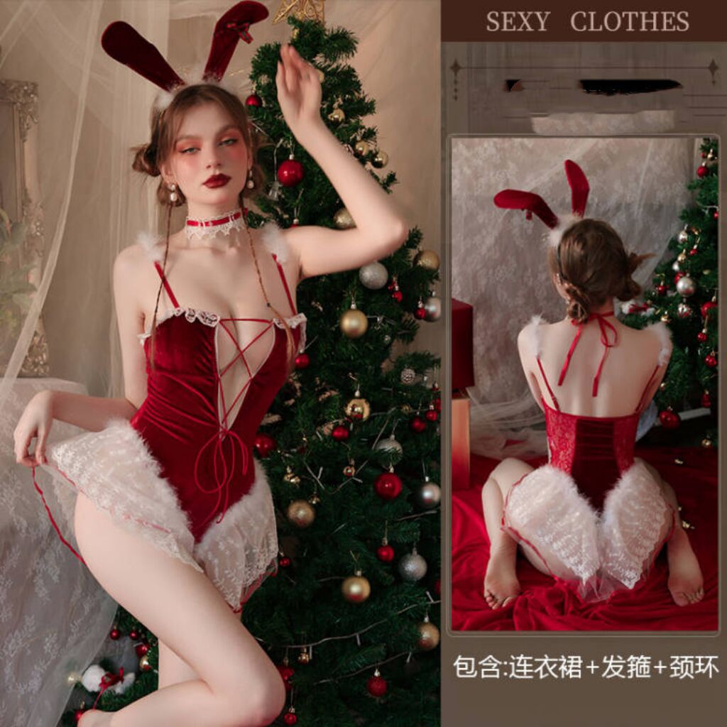 Plus Size Lingerie Bunny Christmas Suit New Year's Red Suit Velvet Uniform Temptation Cosplay onesie