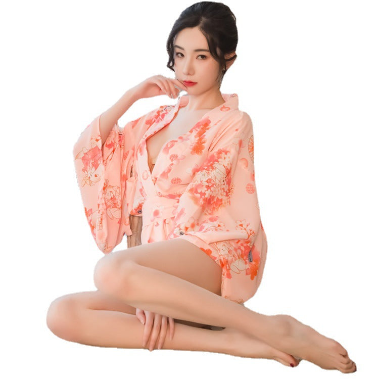 New hot sexy lingerie Sakura cat flower kimono sexy temptation Japanese cute bathrobe open placket pink nightgown