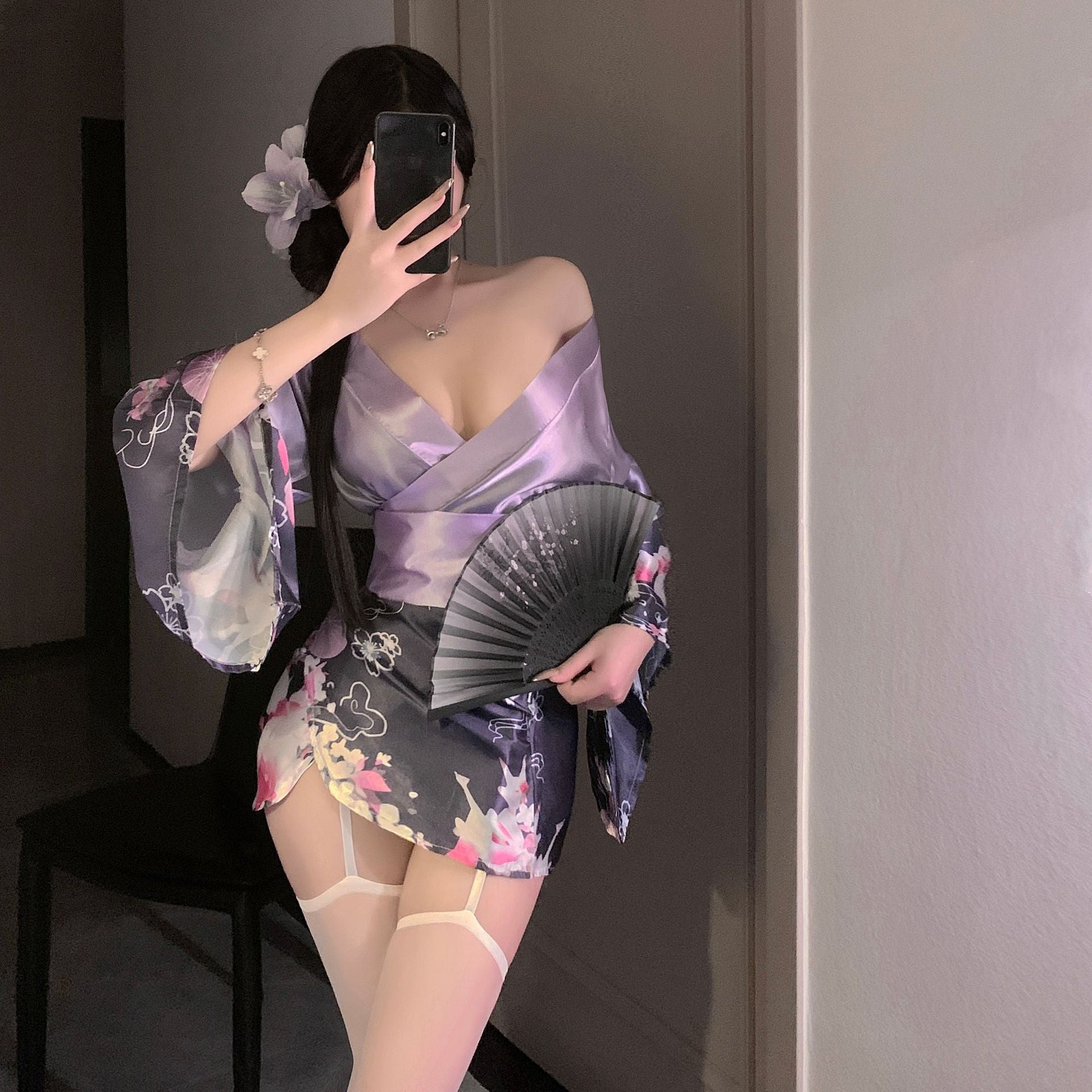 Dirty rabbit, seductive lingerie, sexy deep V flower fox dream two-dimensional open placket Japanese kimono uniform suit