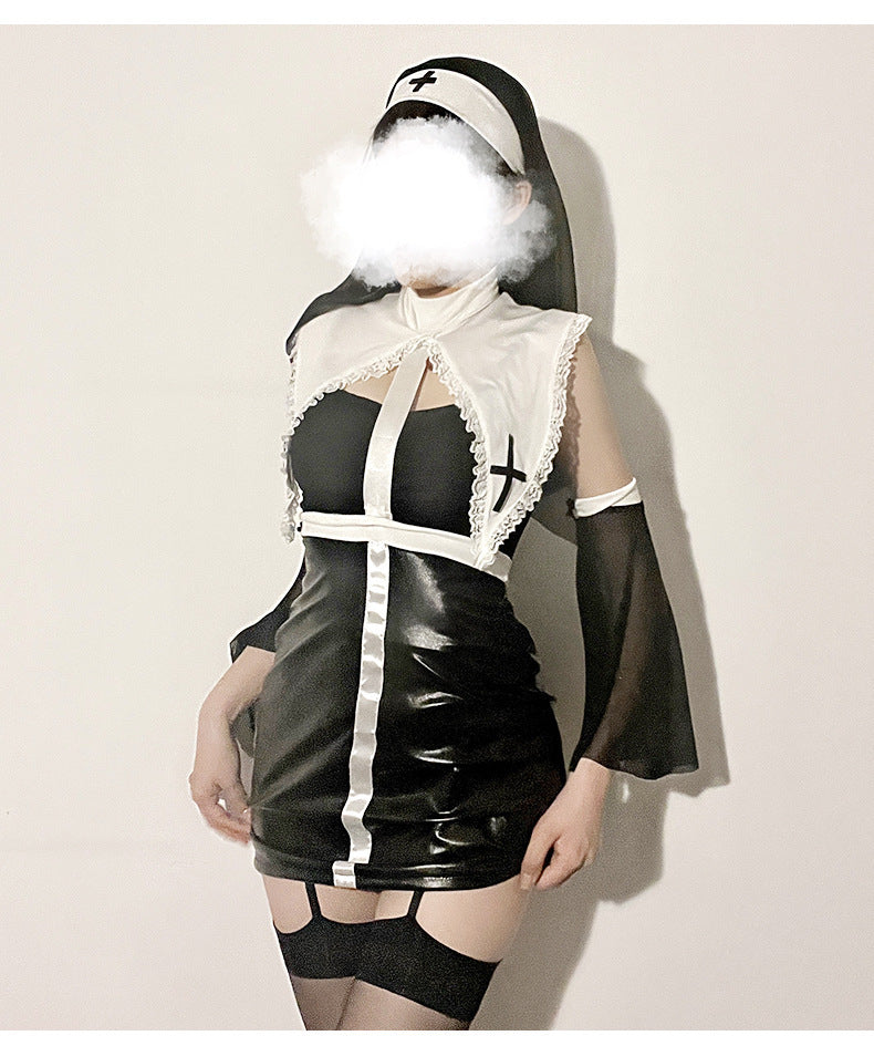 New sexy underwear European and American Halloween cosplay cosplay costume nun suit leather jacket