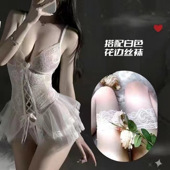 Sexy lingerie sexy suspender lace seduction onesie skirt open crotch hot hollow uniform pajamas mesh nightdress