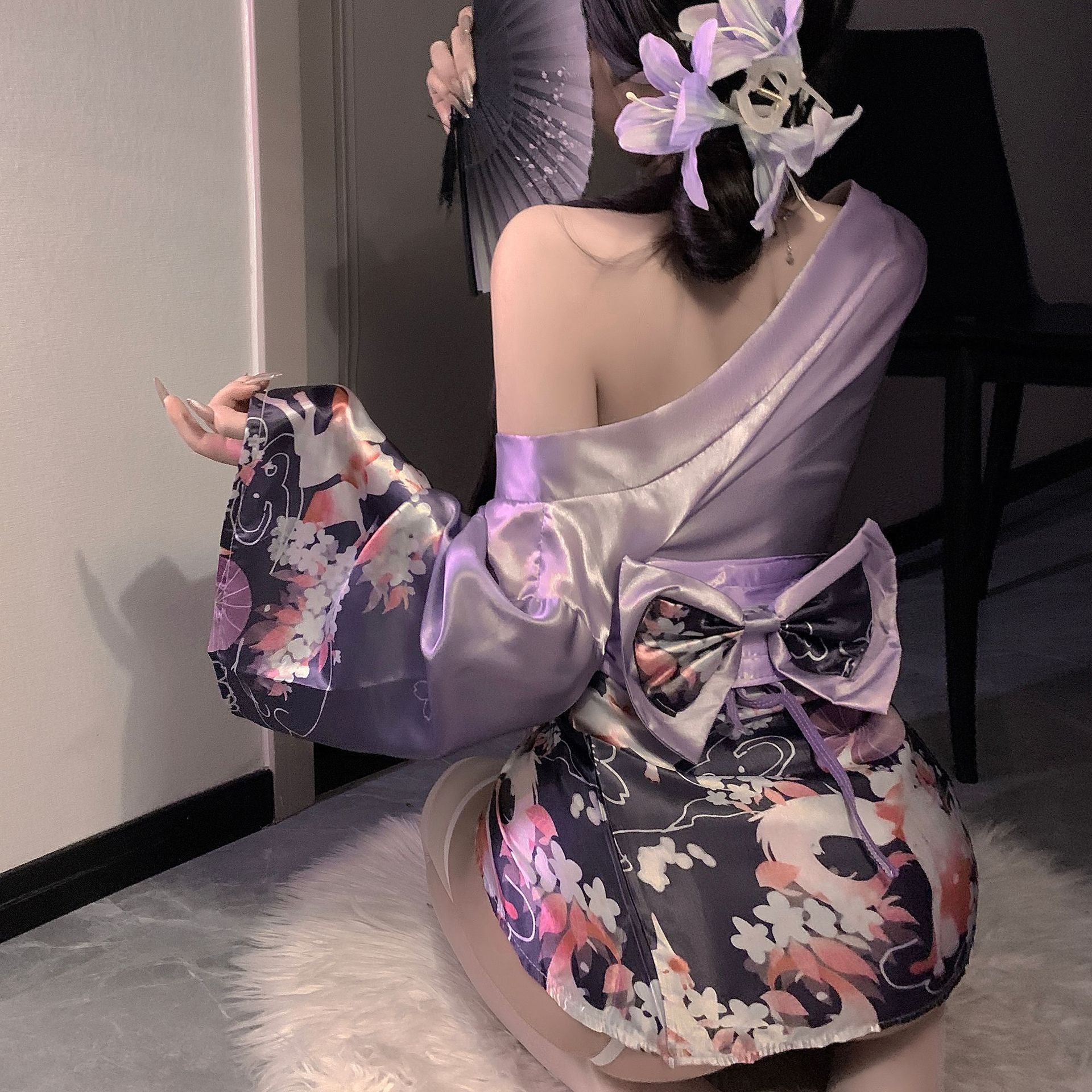 Dirty rabbit, seductive lingerie, sexy deep V flower fox dream two-dimensional open placket Japanese kimono uniform suit