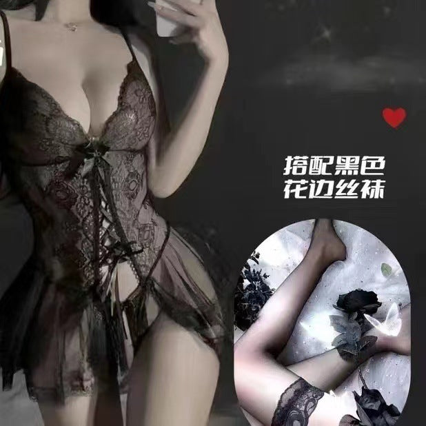 Sexy lingerie sexy suspender lace seduction onesie skirt open crotch hot hollow uniform pajamas mesh nightdress