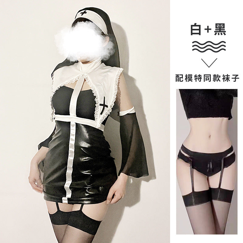 New sexy underwear European and American Halloween cosplay cosplay costume nun suit leather jacket