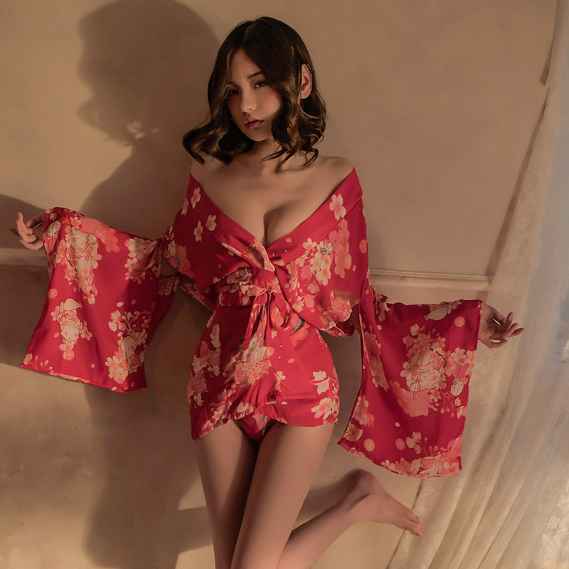 New hot sexy lingerie Sakura cat flower kimono sexy temptation Japanese cute bathrobe open placket pink nightgown